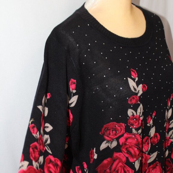 Rebecca Malone Woman Red and Tan Roses on a Black Crew Neck Sweater - Picture 4 of 14
